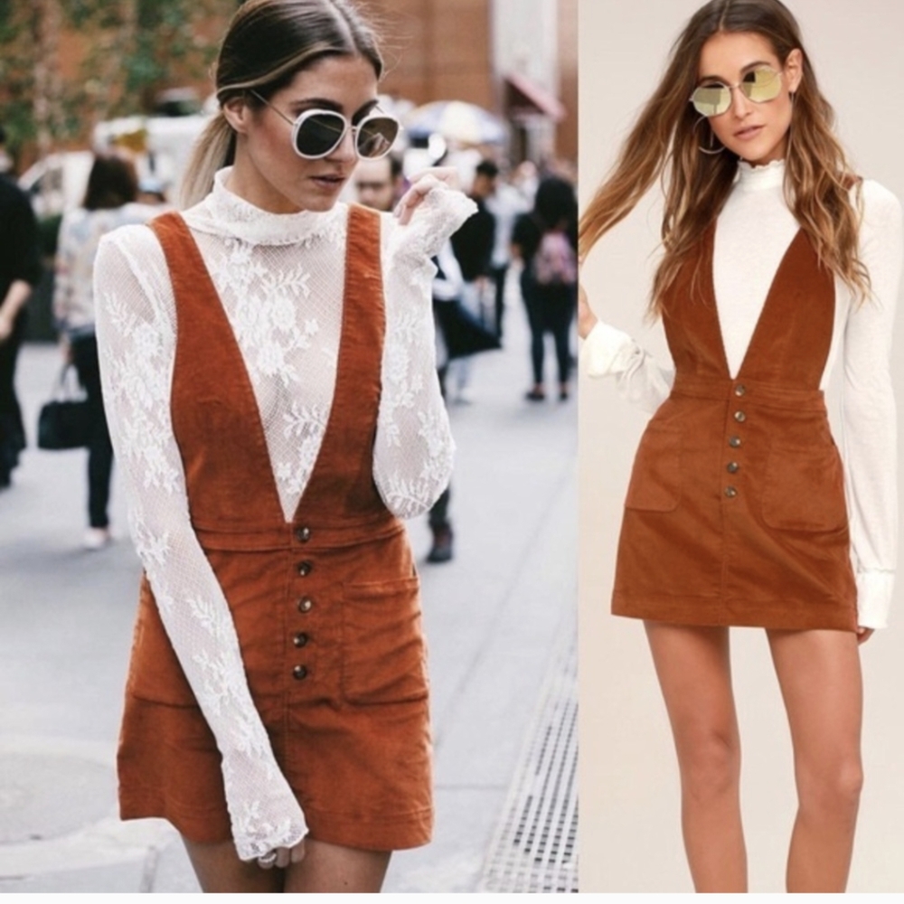 FREE PEOPLE  "Old School Love" Rust Orange Corduroy Pinafore Dress